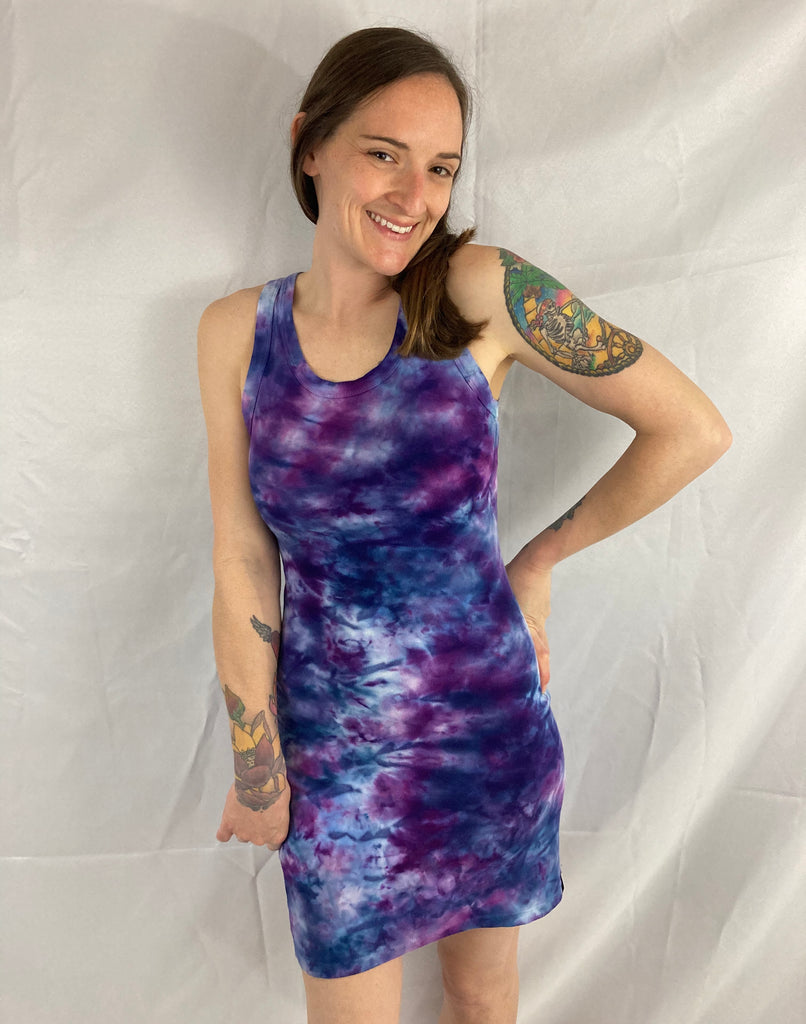 icy purple dress FROSTED LILAC Muted lavender with black, white and blue embroidery