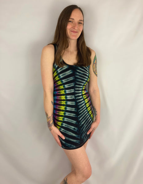 Women's Dark Rainbow Tie-Dyed Rayon Mini Dress, M
