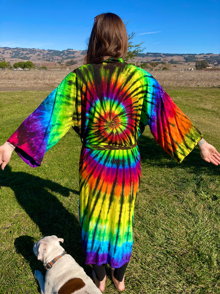 Adult Rainbow/Black Spiral Tie-Dyed Rayon Robe, PLUS size
