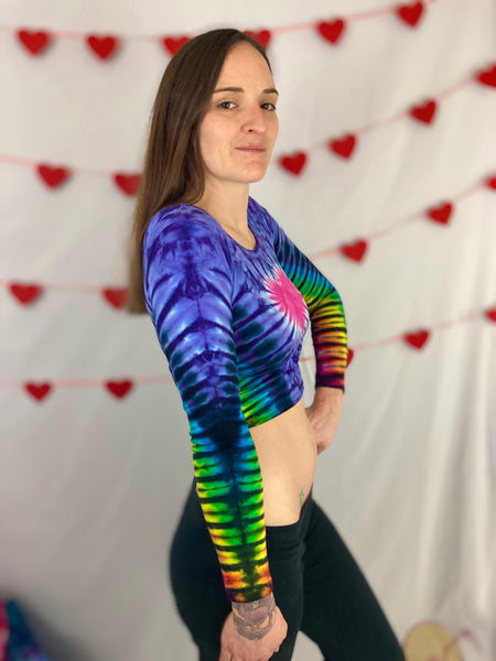 Women's Heart/Rainbow Tie-Dyed Long Sleeve Crop Top, M & L