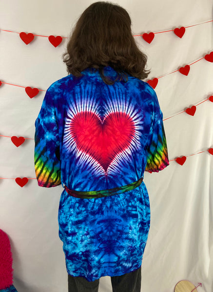 Adult Blue/Heart Tie-Dyed Rayon Short Robe, O/S