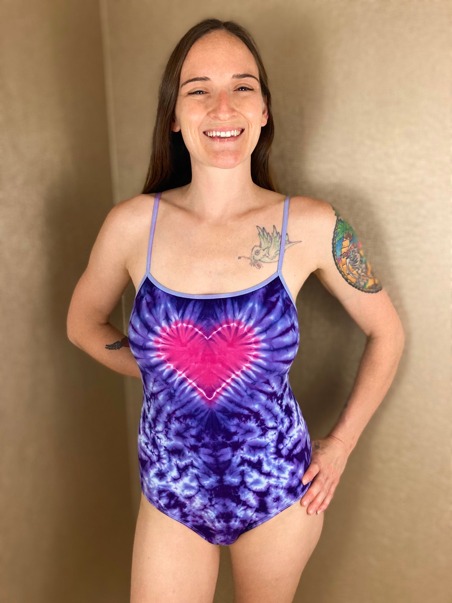 Women's Purple Love Tie-Dyed Spaghetti Bodysuit, XS