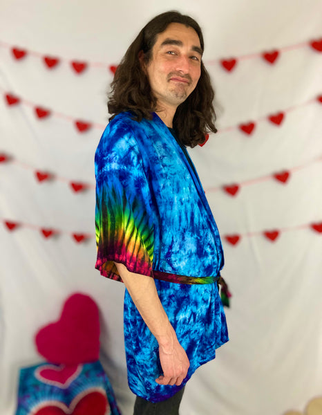 Adult Blue/Heart Tie-Dyed Rayon Short Robe, O/S