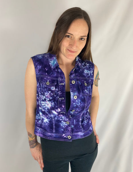 Women’s Purple Tie-dye Jean Vest w/ Chrochet, M