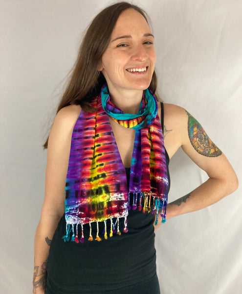 Rainbow Stripe Tie-dyed Rayon Fringe Scarf