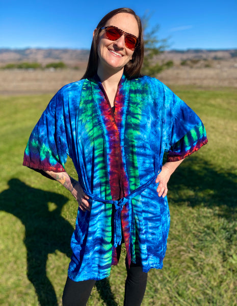 Adult Blue/Rainbow Mandala Tie-Dyed Rayon Short Robe, O/S (Slight Stitching Defect)