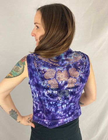 Women’s Purple Tie-dye Jean Vest w/ Chrochet, M