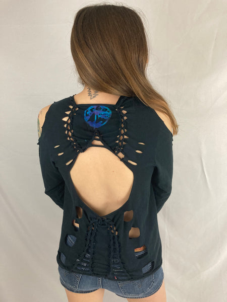 Ladies Black/Blue Bolt Long Sleeve Snipped Tee, M/L