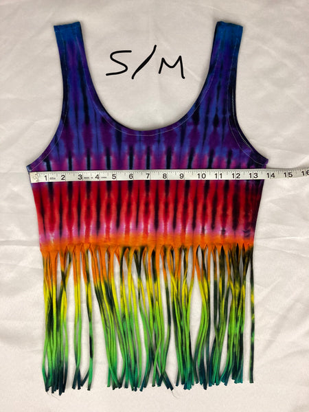 Women’s Rainbow Tie-Dyed Fringe Crop Tank, M/L