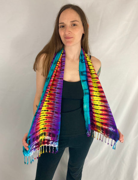 Rainbow Stripe Tie-dyed Rayon Fringe Scarf