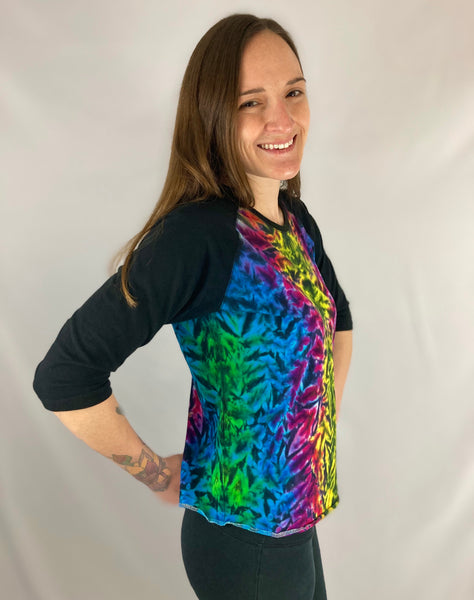 Women's Black Rainbow Crush Tie-dyed Baseball Tee, S