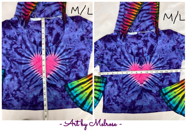Women’s Purple/Rainbow Heart Tie-Dyed Bell Sleeve Crop Top, M/L