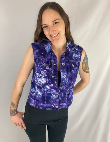 Women’s Purple Tie-dye Jean Vest w/ Chrochet, M