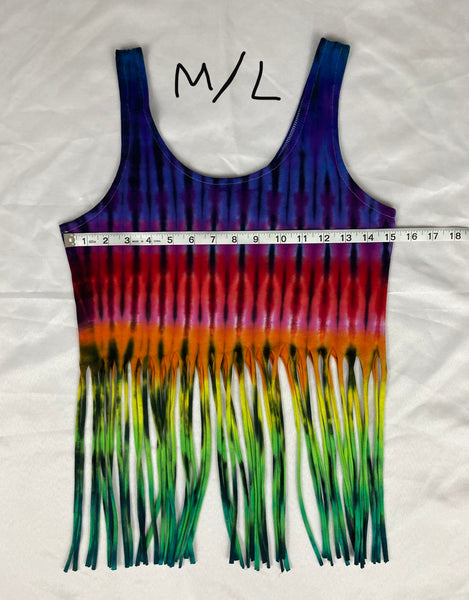 Women’s Rainbow Tie-Dyed Fringe Crop Tank, M/L