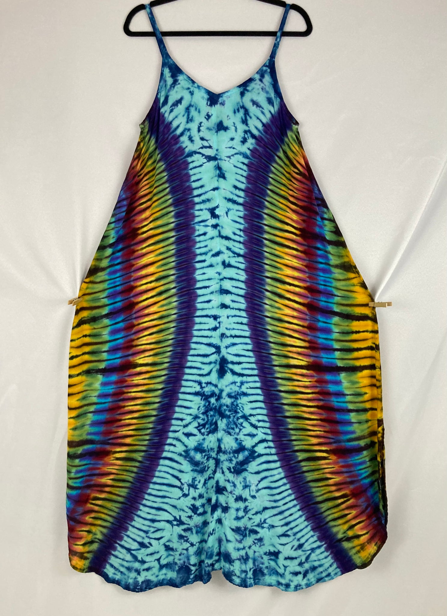 Women's Blue/Earthy Rainbow Tie-Dyed Rayon Maxi Dress, L