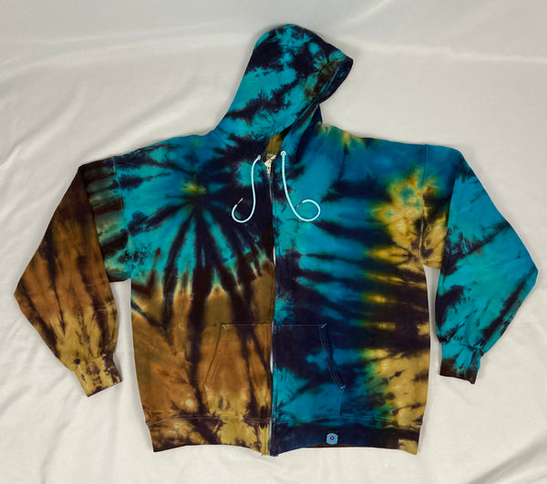 Adult Aqua/Sand Spiral Tie-Dyed Zip Up Hoodie, XL