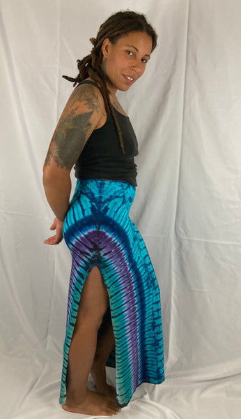 Women's Seafoam Blues Tie-Dyed Maxi Skirt w/ Slit, M/L