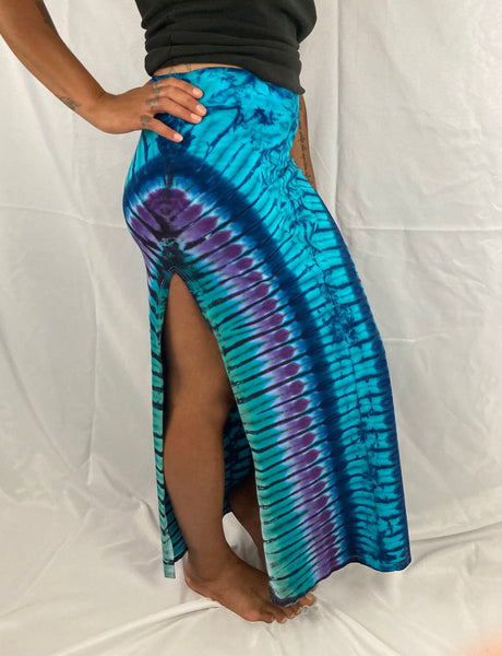 Women's Seafoam Blues Tie-Dyed Maxi Skirt w/ Slit, M/L