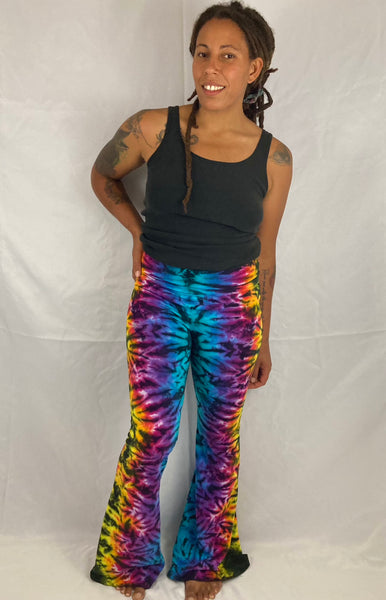 Women's Rainbow/Black Crush Tie-Dyed Yoga Flare Pants, L