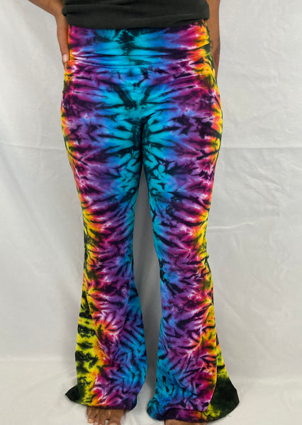 Women's Rainbow/Black Crush Tie-Dyed Yoga Flare Pants, L