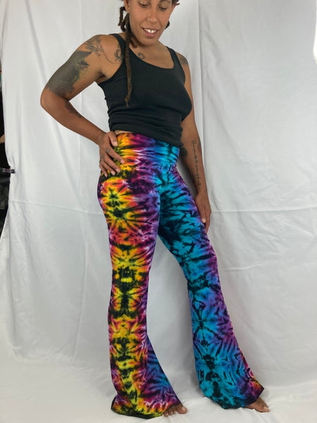 Women's Rainbow/Black Crush Tie-Dyed Yoga Flare Pants, L