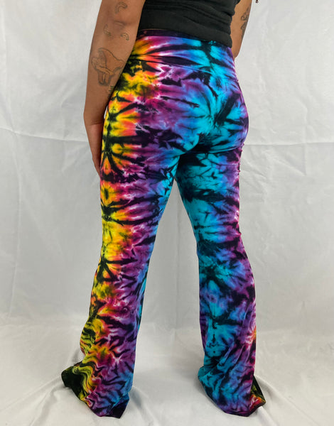 Women's Rainbow/Black Crush Tie-Dyed Yoga Flare Pants, L