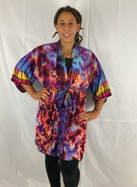 Adult Sunset/Fire Heart Tie-Dyed Rayon Short Robe, O/S