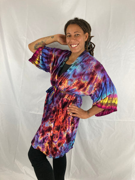 Adult Sunset/Fire Heart Tie-Dyed Rayon Short Robe, O/S