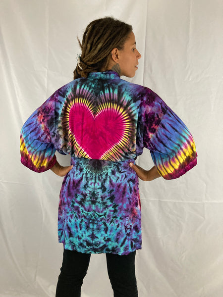 Adult Sunset/Fire Heart Tie-Dyed Rayon Short Robe, O/S