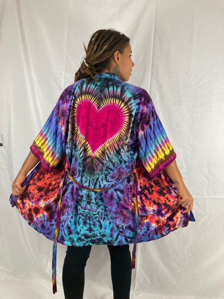 Adult Sunset/Fire Heart Tie-Dyed Rayon Short Robe, O/S