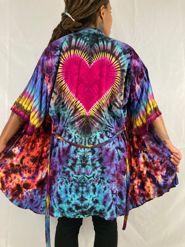 Adult Sunset/Fire Heart Tie-Dyed Rayon Short Robe, O/S