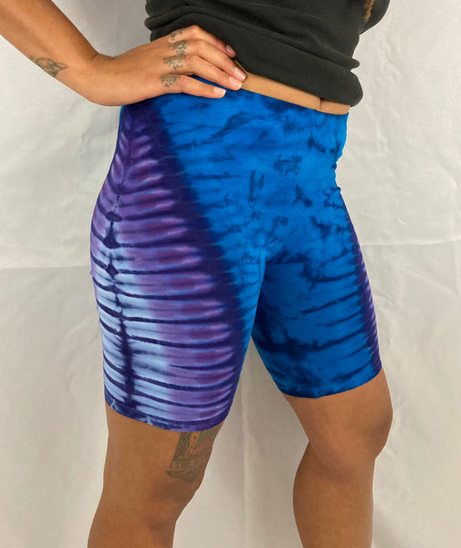 Women’s Purple/Blue Tie-dyed Biker Shorts, M & XL