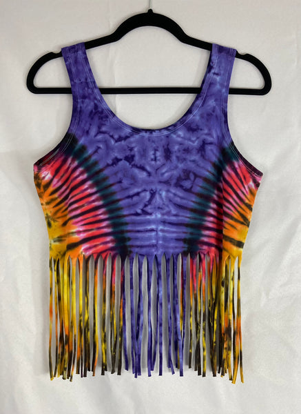 Women’s Purple/Sunset Tie-Dyed Fringe Crop Tank, XL