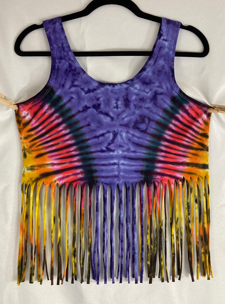 Women’s Purple/Sunset Tie-Dyed Fringe Crop Tank, XL