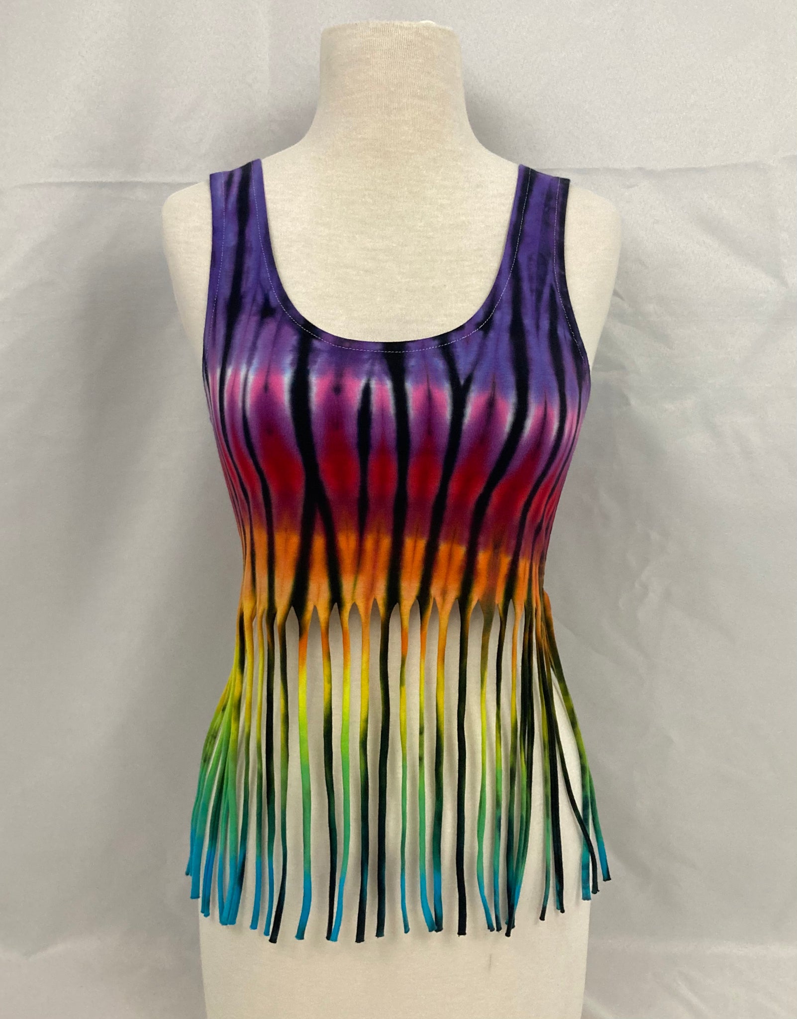 Women’s Rainbow Tie-Dyed Fringe Crop Tank, XS/S