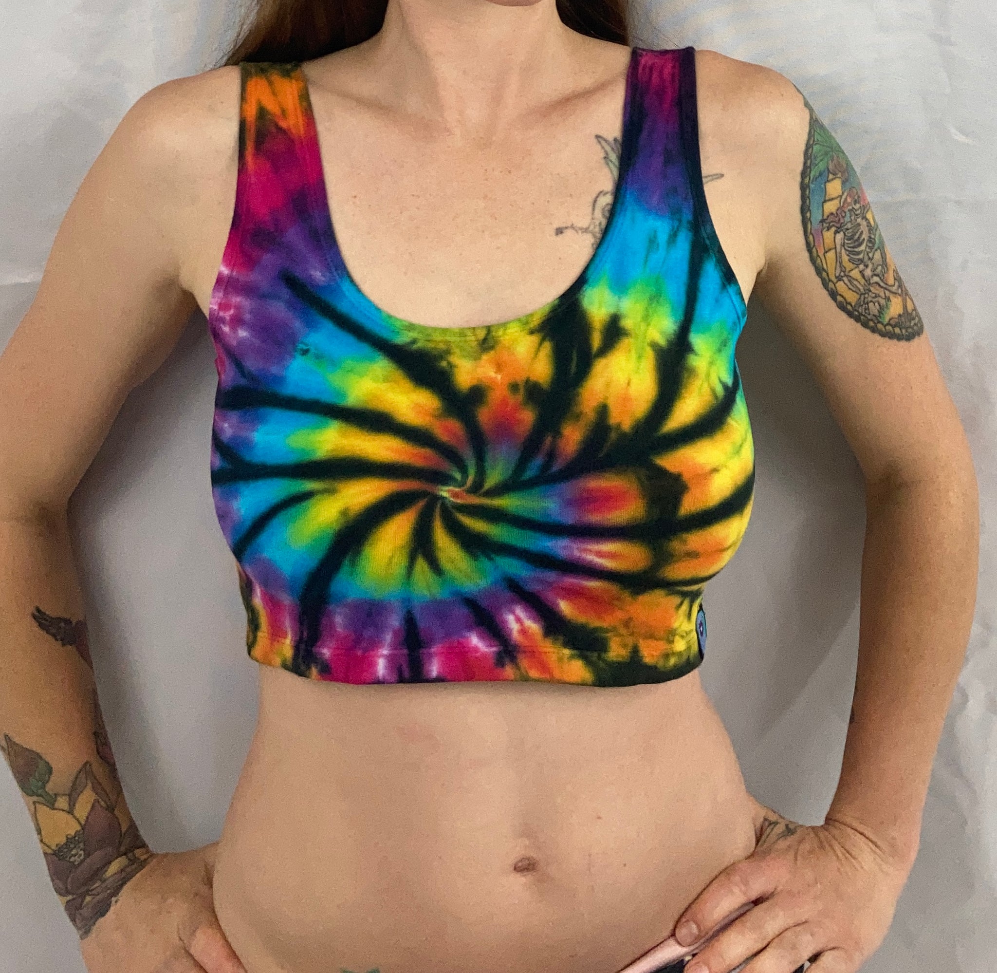 Women's Rainbow/Black Spiral Tie-Dyed Crop Top, XL