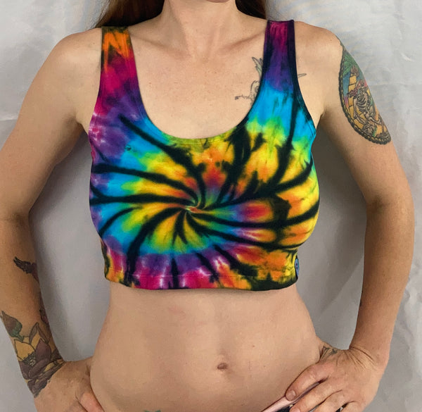 Women's Rainbow/Black Spiral Tie-Dyed Crop Top, L-XL