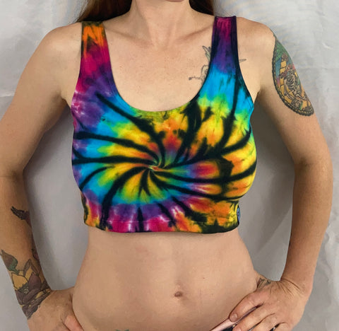 Women's Rainbow/Black Spiral Tie-Dyed Crop Top, XL