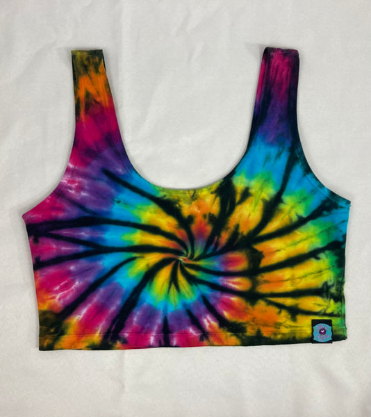 Women's Rainbow/Black Spiral Tie-Dyed Crop Top, L-XL