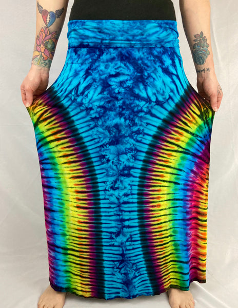 Women's Blue Rainbow Long Rayon Maxi Skirt, XL