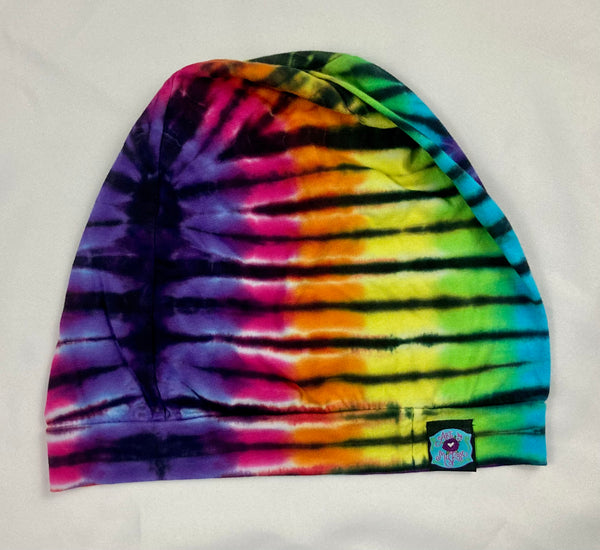 Rainbow/Black Tie-Dyed Slouchy Beanie - Large Adult (single layer)