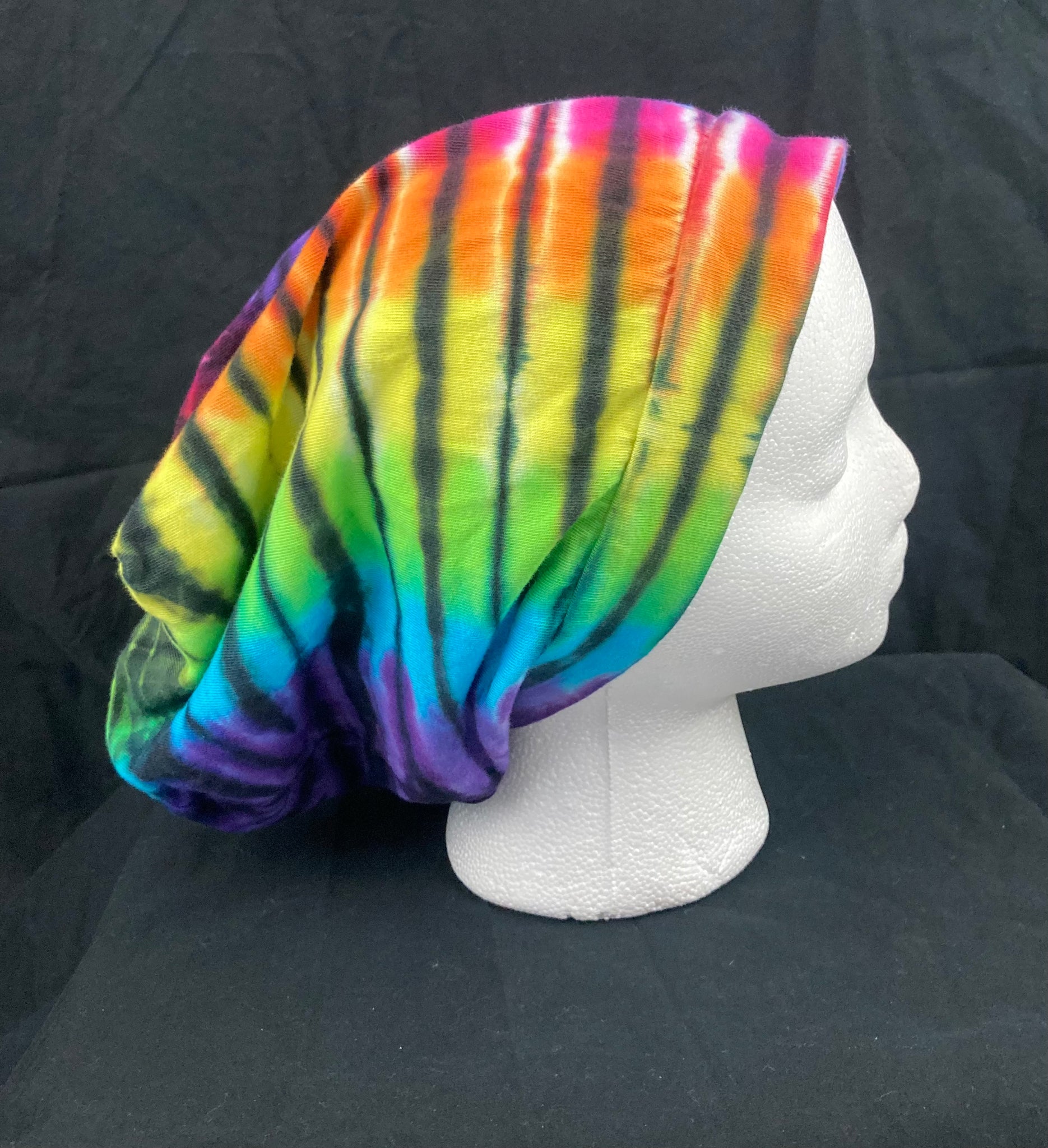 Rainbow/Black Tie-Dyed Slouchy Beanie - Large Adult (single layer)