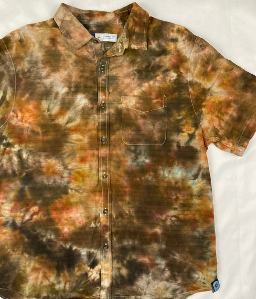 Adult Earthy Ice-dyed Collared Button up Shirt, XL