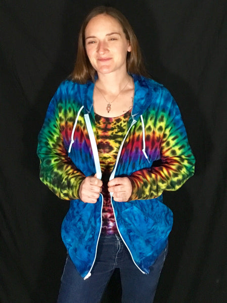 Adult Blue/Rainbow Striped Tie-Dyed Zip-up Hoodie, L