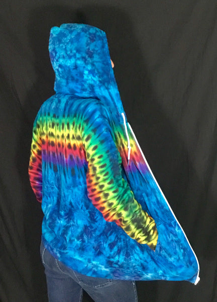 Adult Blue/Rainbow Striped Tie-Dyed Zip-up Hoodie, L