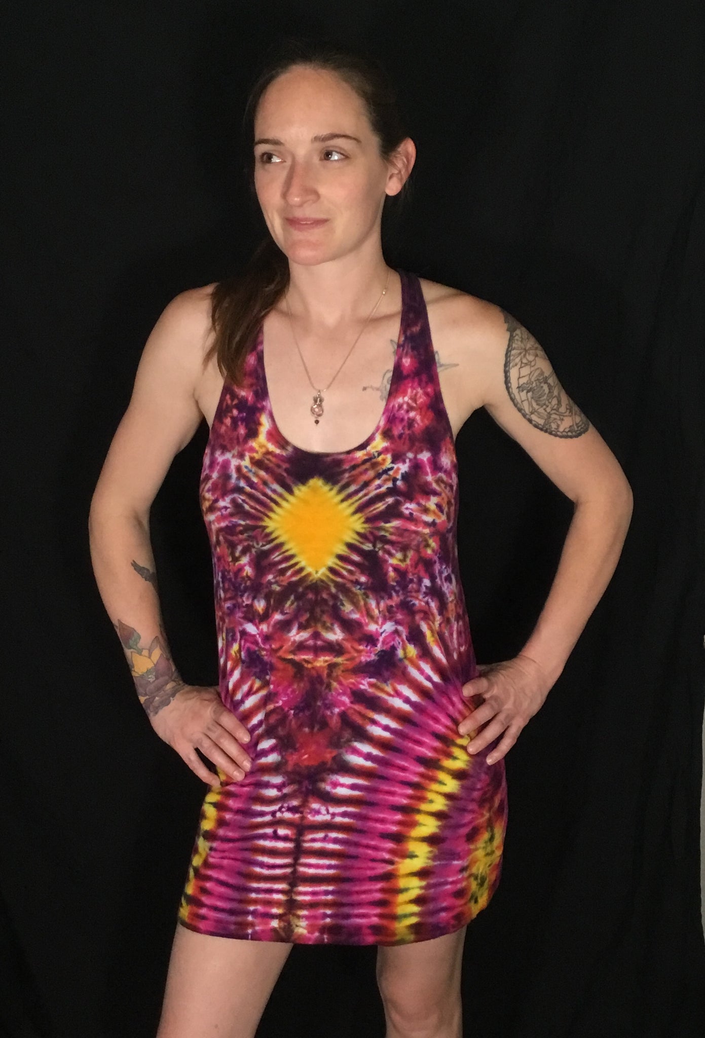 Women's Pink/Gold Fire Diamond Tie-Dyed Dress, S