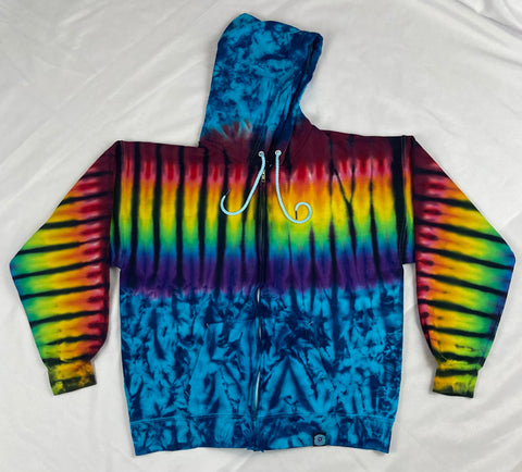 Adult Black/Rainbow/Blue Tie-Dyed Zip Up Hoodie, L