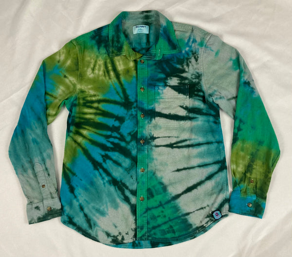Adult Green Spiral Tie-dyed Longsleeve Flannel Shirt, M