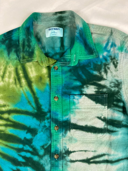 Adult Green Spiral Tie-dyed Longsleeve Flannel Shirt, M