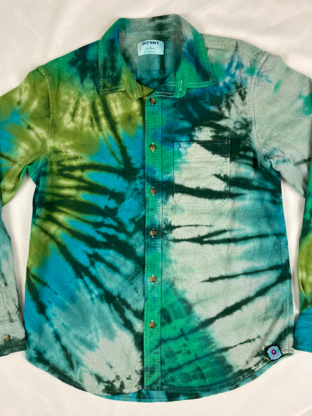 Adult Green Spiral Tie-dyed Longsleeve Flannel Shirt, M